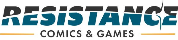 Resistance Comics & Games logo; a star shoots across the word RESISTANCE, splitting it into grey and blue.